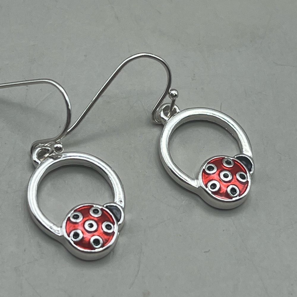Red and Silver Tone Ladybug Earrings -Sparkly Everyday Wear -Gift Idea